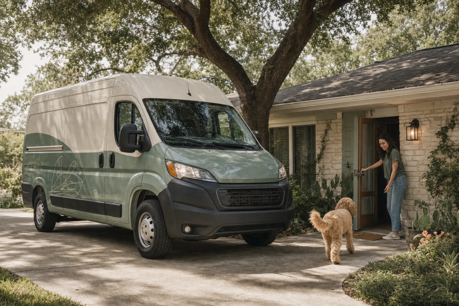 A mobile grooming van arriving at an Austin home while a dog waits at the door